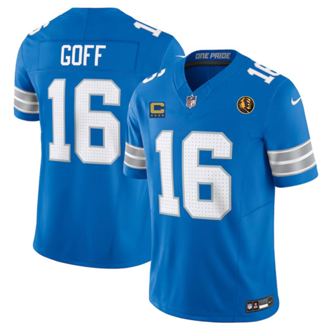 Men's Blue Detroit Lions #16 Jared Goff 2024 F.U.S.E. With John Madden Patch And 4-Star C Patch Vapor Limited Stitched Jersey